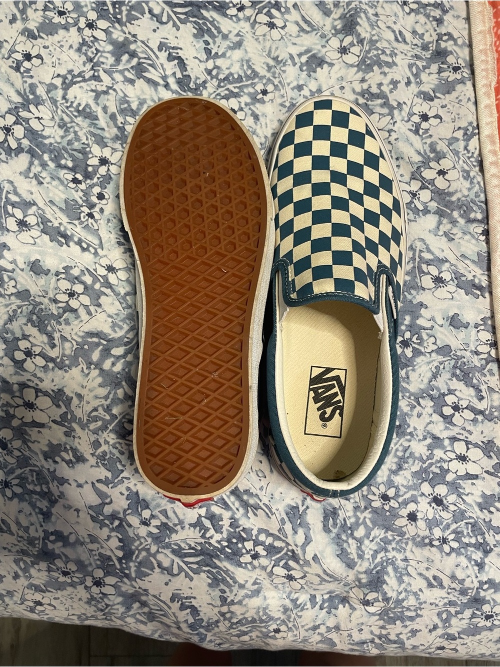 Vans Checkerboard Slip-On Sneakers in Teal and White - Picture 2 of 5
